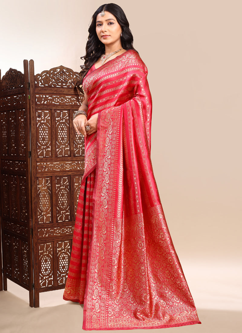 Red Lichi Silk Saree with Heavy Embroidered Lace Border