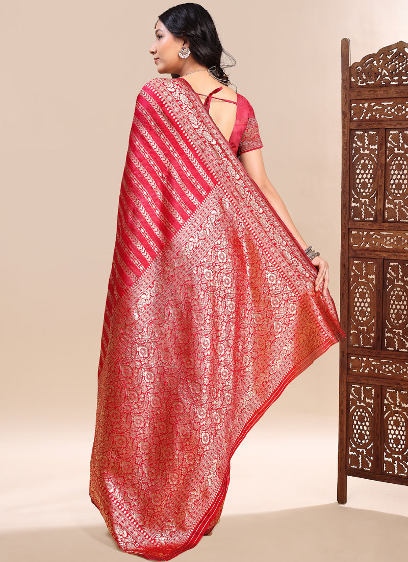 Red Lichi Silk Saree with Heavy Embroidered Lace Border