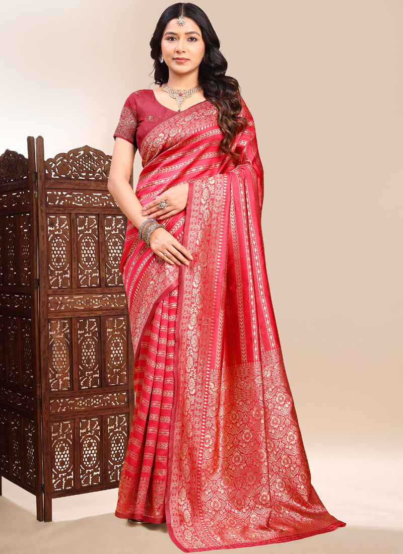 Red Lichi Silk Saree featuring heavy embroidered lace border