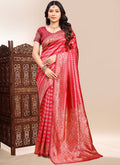 Red Lichi Silk Saree featuring heavy embroidered lace border