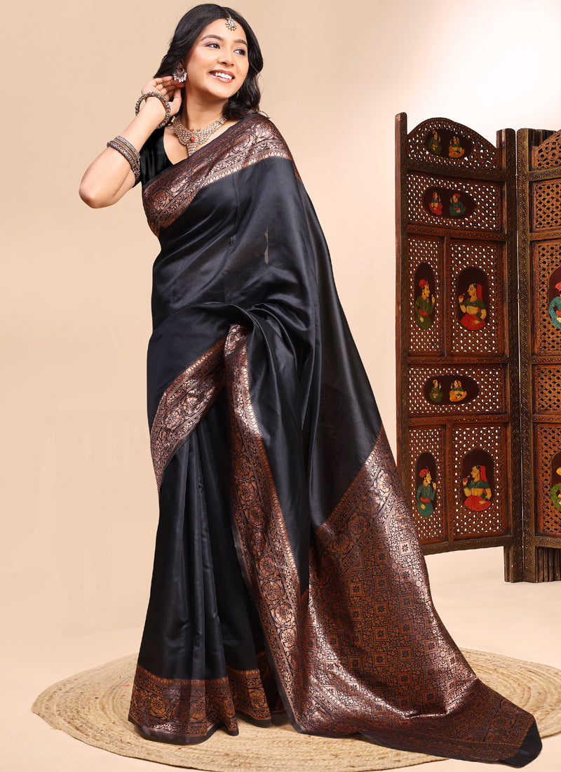 Black Lichi Silk Saree with intricate embroidered lace border