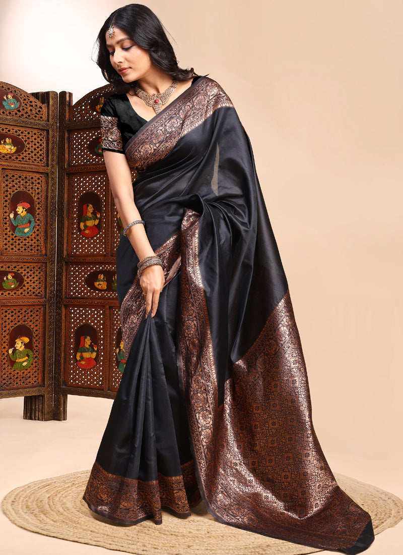 Black Lichi Silk Saree with Heavy Embroidered Lace Border