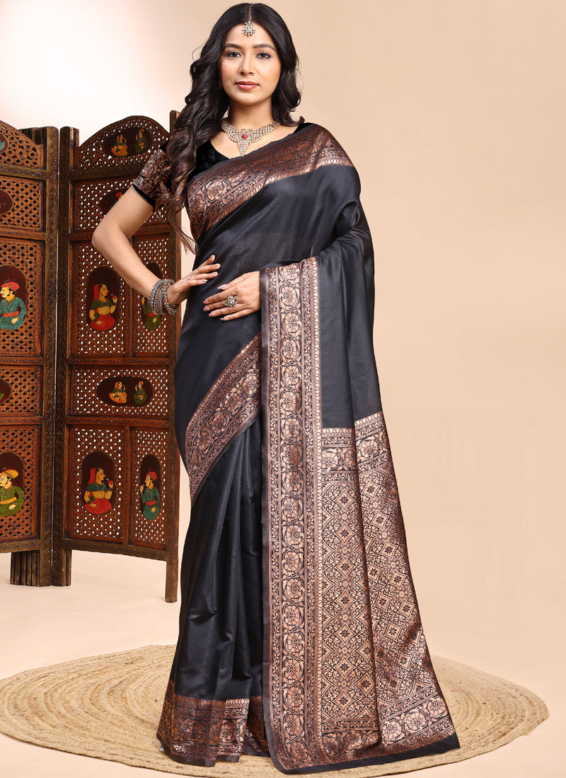 Black Lichi Silk Saree with Heavy Embroidered Lace Border
