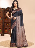Black Lichi Silk Saree with Heavy Embroidered Lace Border