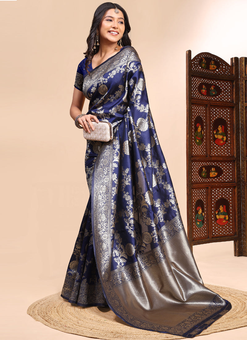 Dark_blue lichi silk saree with heavy lace border for formal wedding occasions.