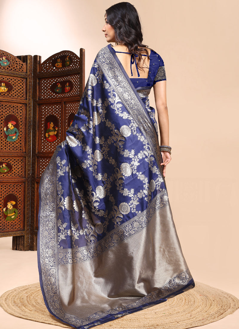 Dark_Blue Lichi Silk Embroidered Saree with Lace Border