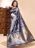 Dark_Blue Lichi Silk Embroidered Saree with Lace Border