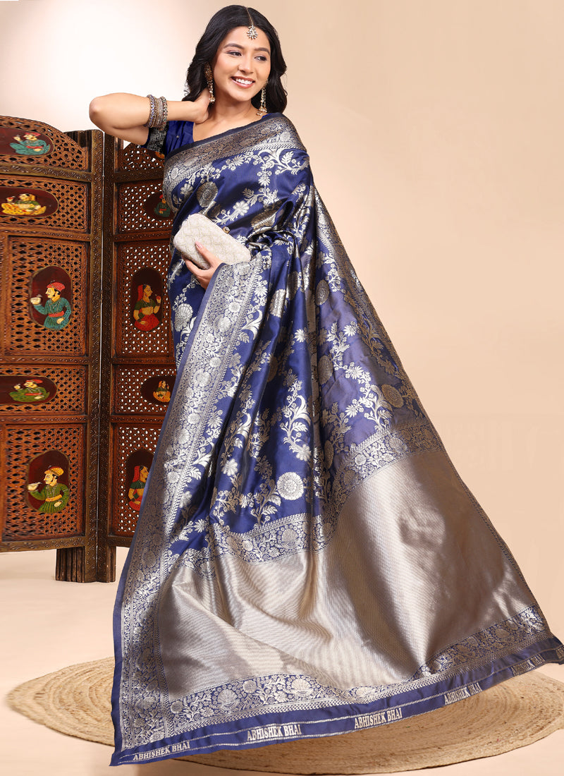 Dark_Blue Lichi Silk Embroidered Saree with Lace Border