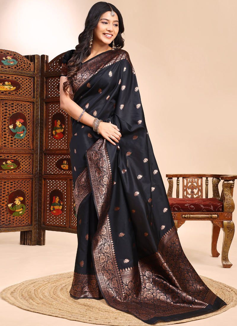 Black Lichi Silk Embroidered Saree with Heavy Lace Border