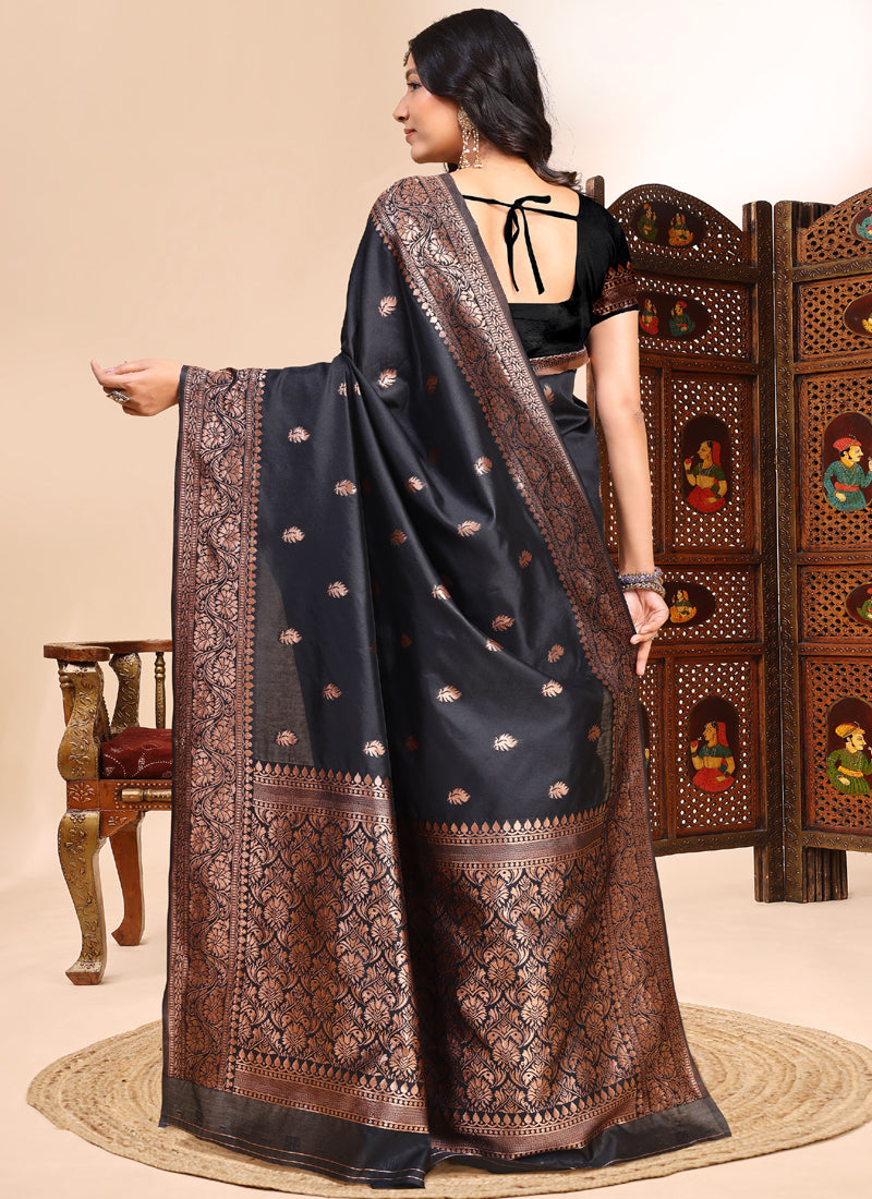 Black Lichi Silk Embroidered Saree with Heavy Lace Border