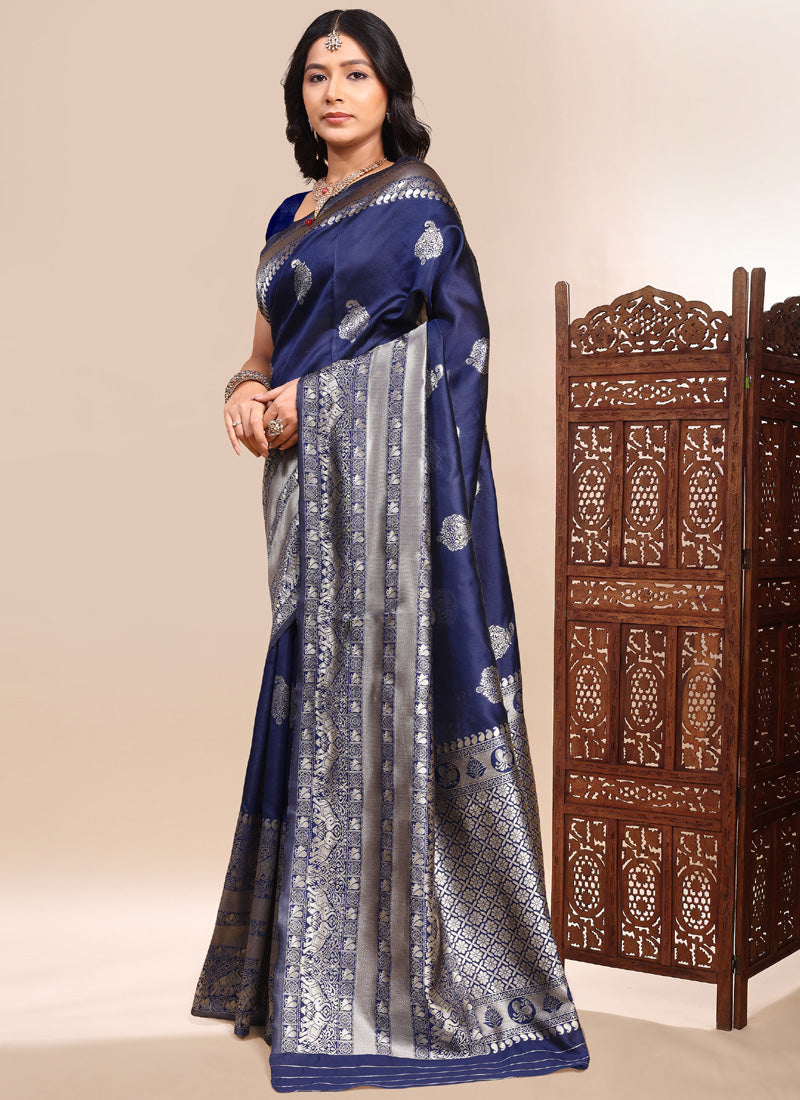 Dark Blue Lichi Silk Saree with Heavy Embroidered Lace Border