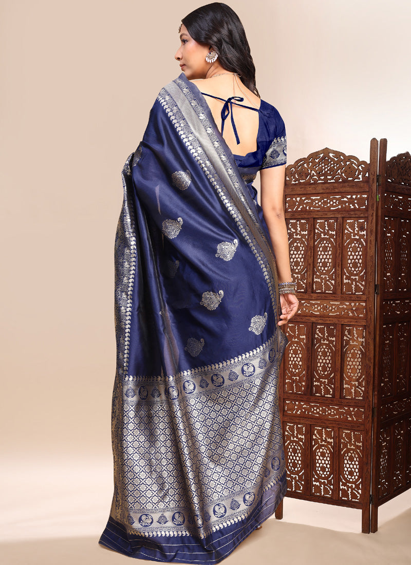 Dark Blue Lichi Silk Saree with Heavy Embroidered Lace Border