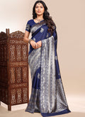 Dark Blue Lichi Silk Saree with intricate heavy embroidered lace border