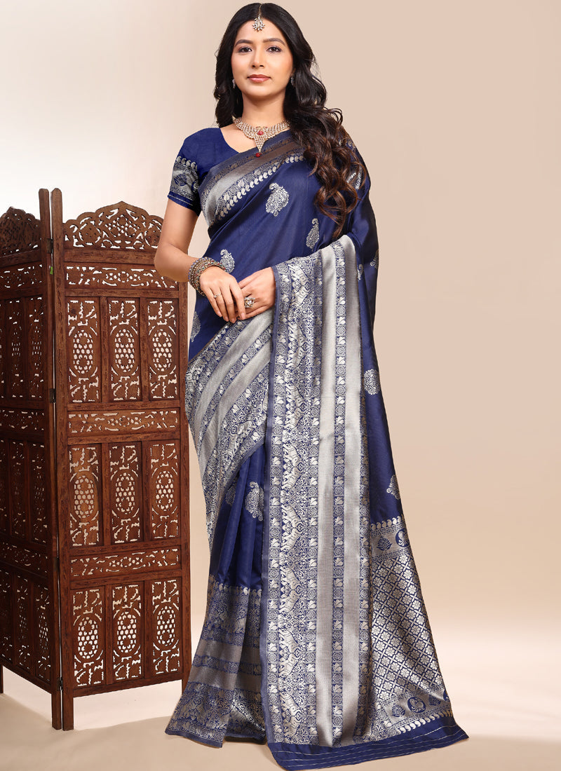 Dark Blue Lichi Silk Saree with intricate heavy embroidered lace border
