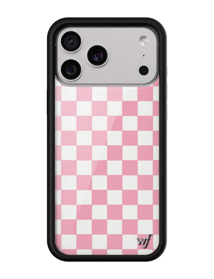 Close up view of a pink and white checkerboard patterned iPhone case with a black protective bumper.
