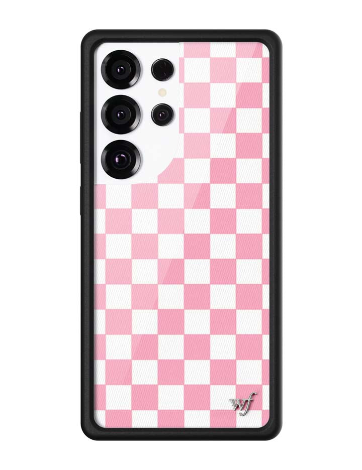 Back view of a Samsung Galaxy phone with a pink and white checkerboard pattern case by Wildflower Cases.