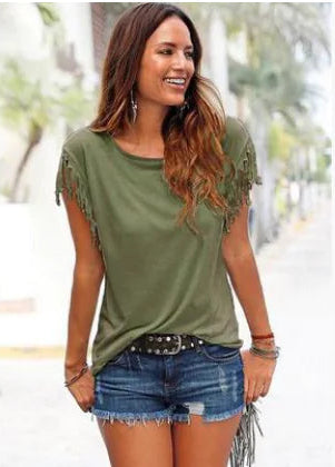 Women's Fringe Sleeve Casual T-Shirt Top - Image 7