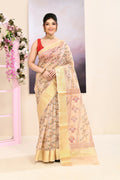 Beige cotton blend printed saree with subtle embellishments