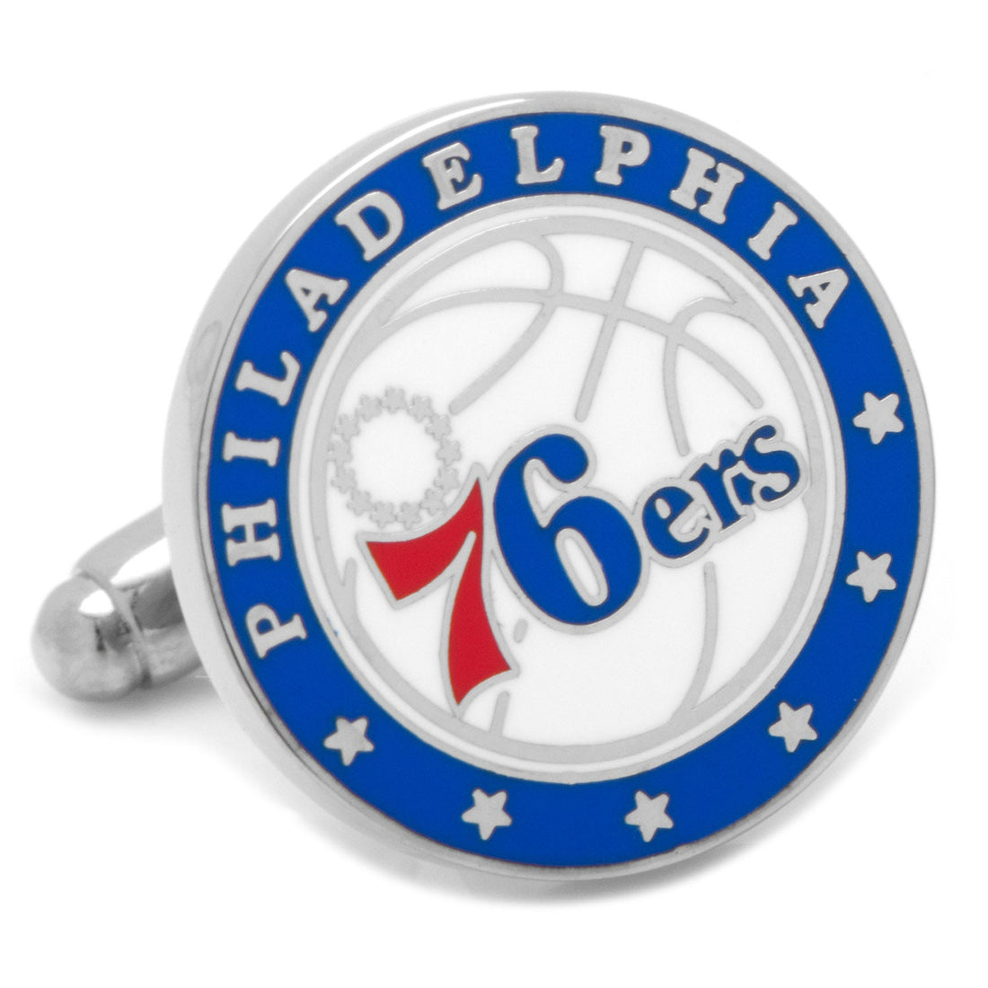 Philadelphia 76ers team logo cufflinks in silver tone with blue, red, and white enamel detail.