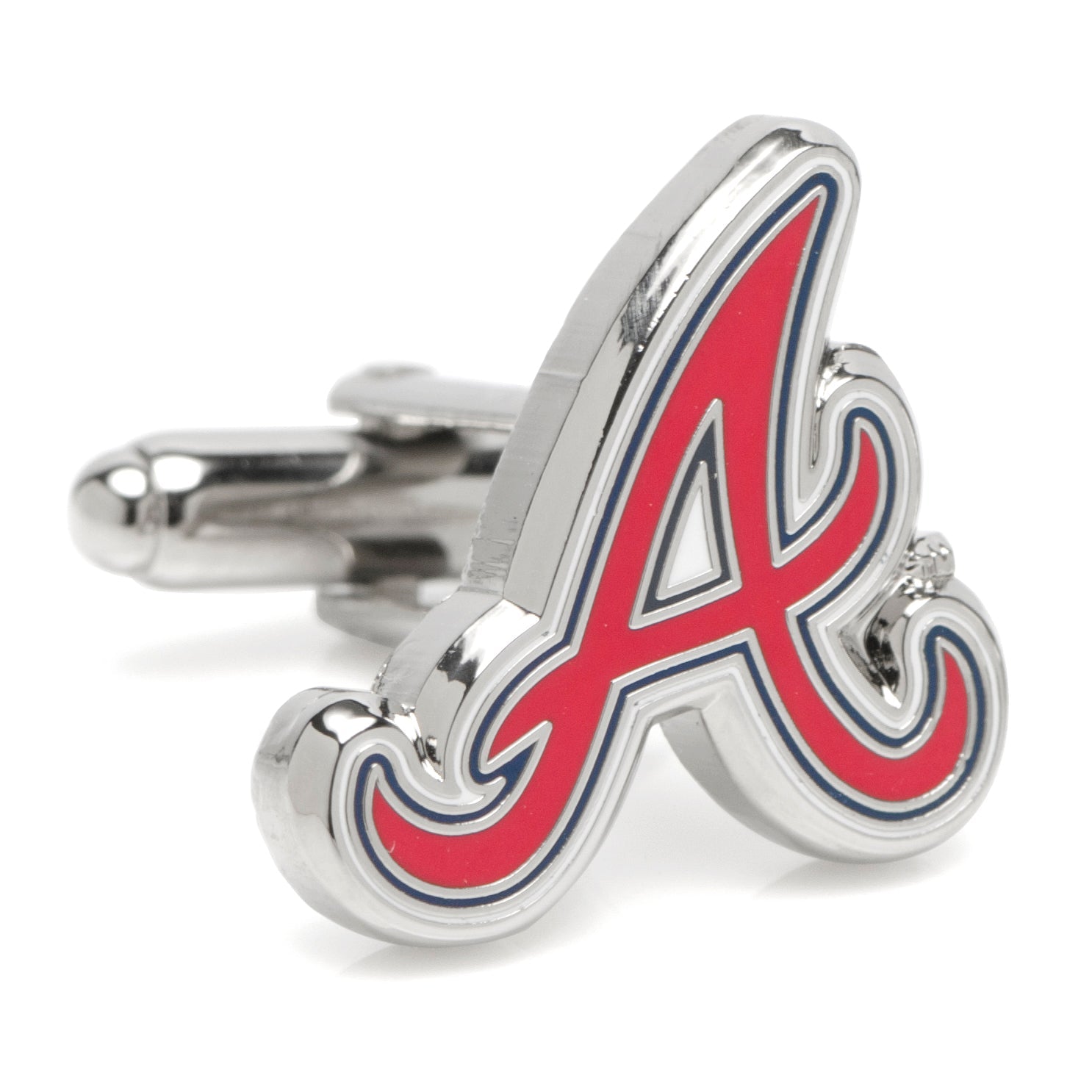 Atlanta Braves logo cufflinks in silver tone metal with red and blue enamel details