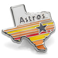 Close up of a Houston Astros enamel lapel pin in the shape of Texas with orange, yellow, and red tequila sunrise stripes.