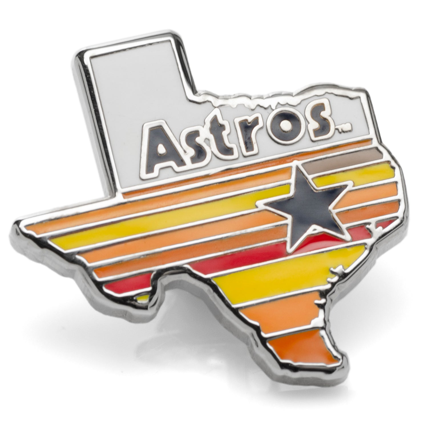 Close up of a Houston Astros enamel lapel pin in the shape of Texas with orange, yellow, and red tequila sunrise stripes.