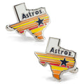 A pair of Houston Astros Tequila Sunrise cufflinks shaped like the state of Texas with silver tone edges and enamel detailing.