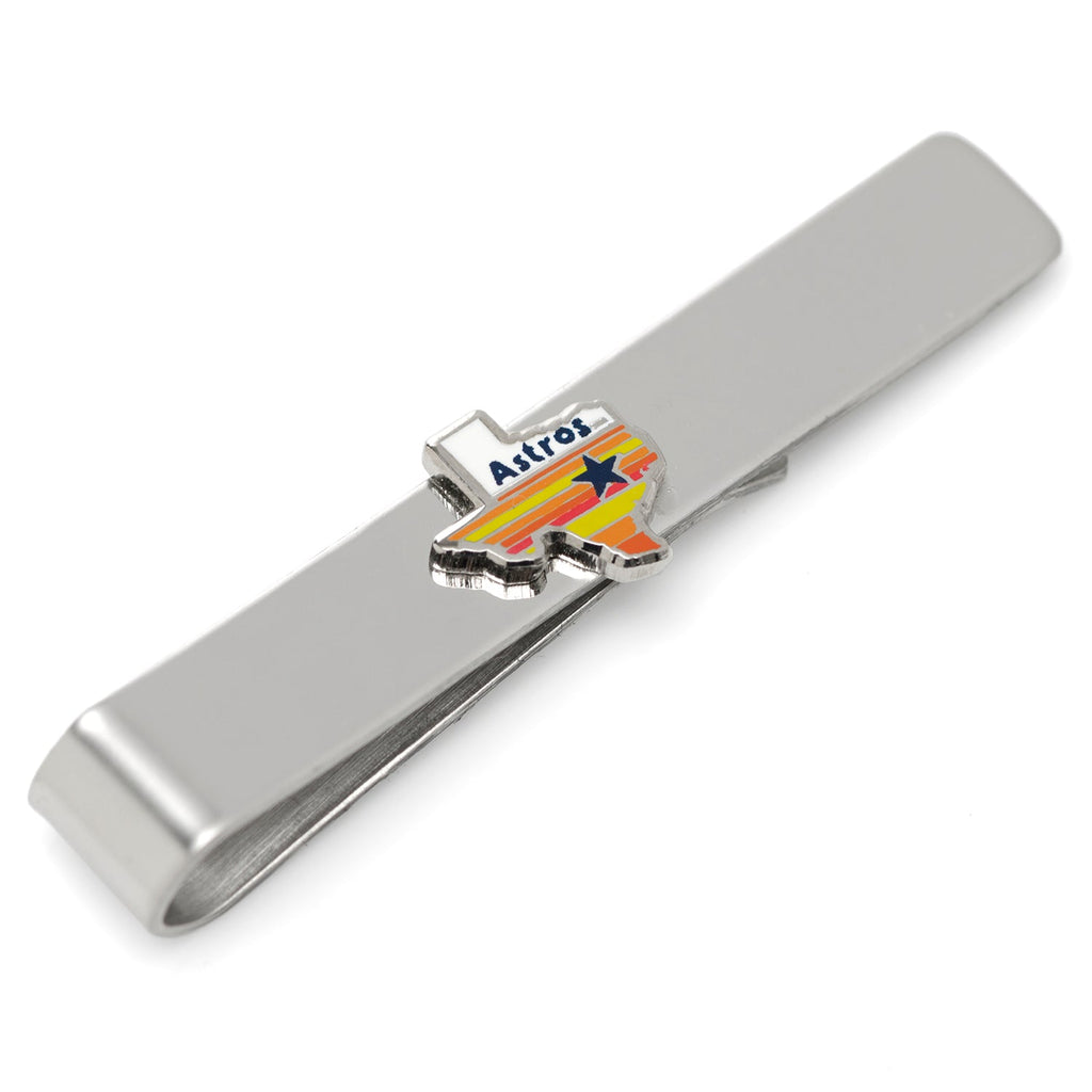 Houston Astros Tequila Sunrise tie bar featuring a silver metal finish and the Texas state shape with team colors.