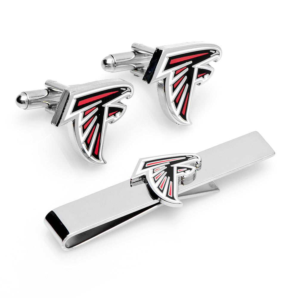 Atlanta Falcons NFL cufflinks and matching silver tie bar set on a white background