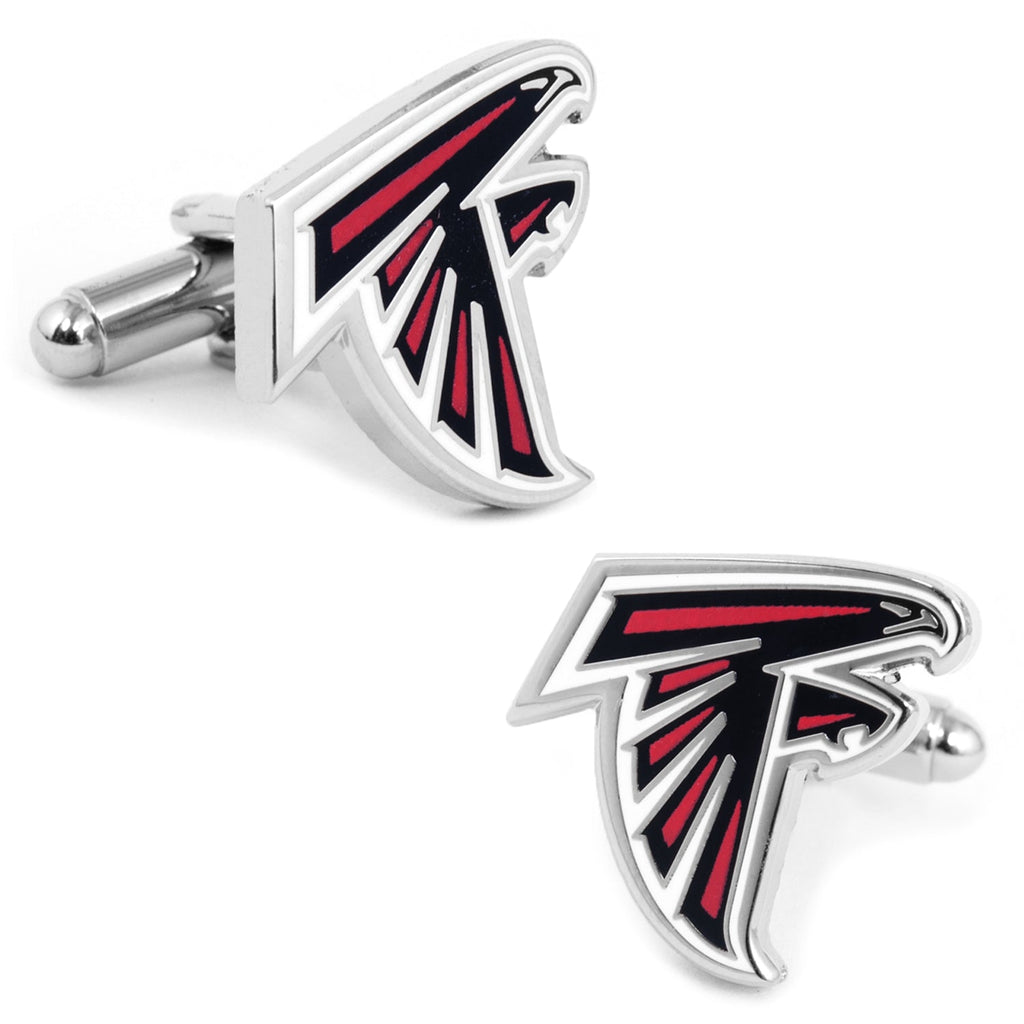 Atlanta Falcons NFL team logo cufflinks in silver tone metal with red and black enamel fill.
