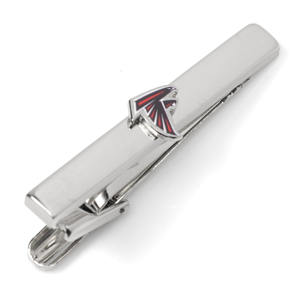 Close-up of a silver plated Atlanta Falcons tie clip with enamel logo, shown on a grey tie.