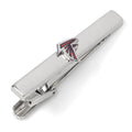 Close-up of a silver plated Atlanta Falcons tie clip with enamel logo, shown on a grey tie.
