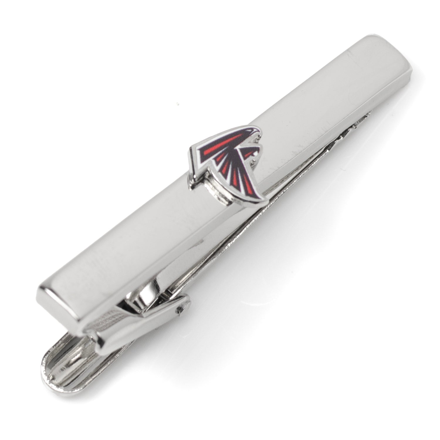 Close-up of a silver plated Atlanta Falcons tie clip with enamel logo, shown on a grey tie.