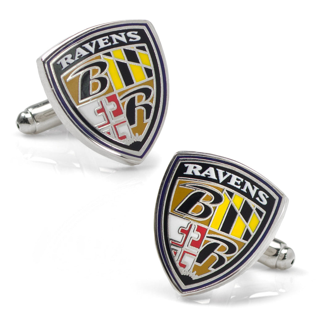 Close up of Baltimore Ravens shield logo cufflinks on a white dress shirt cuff