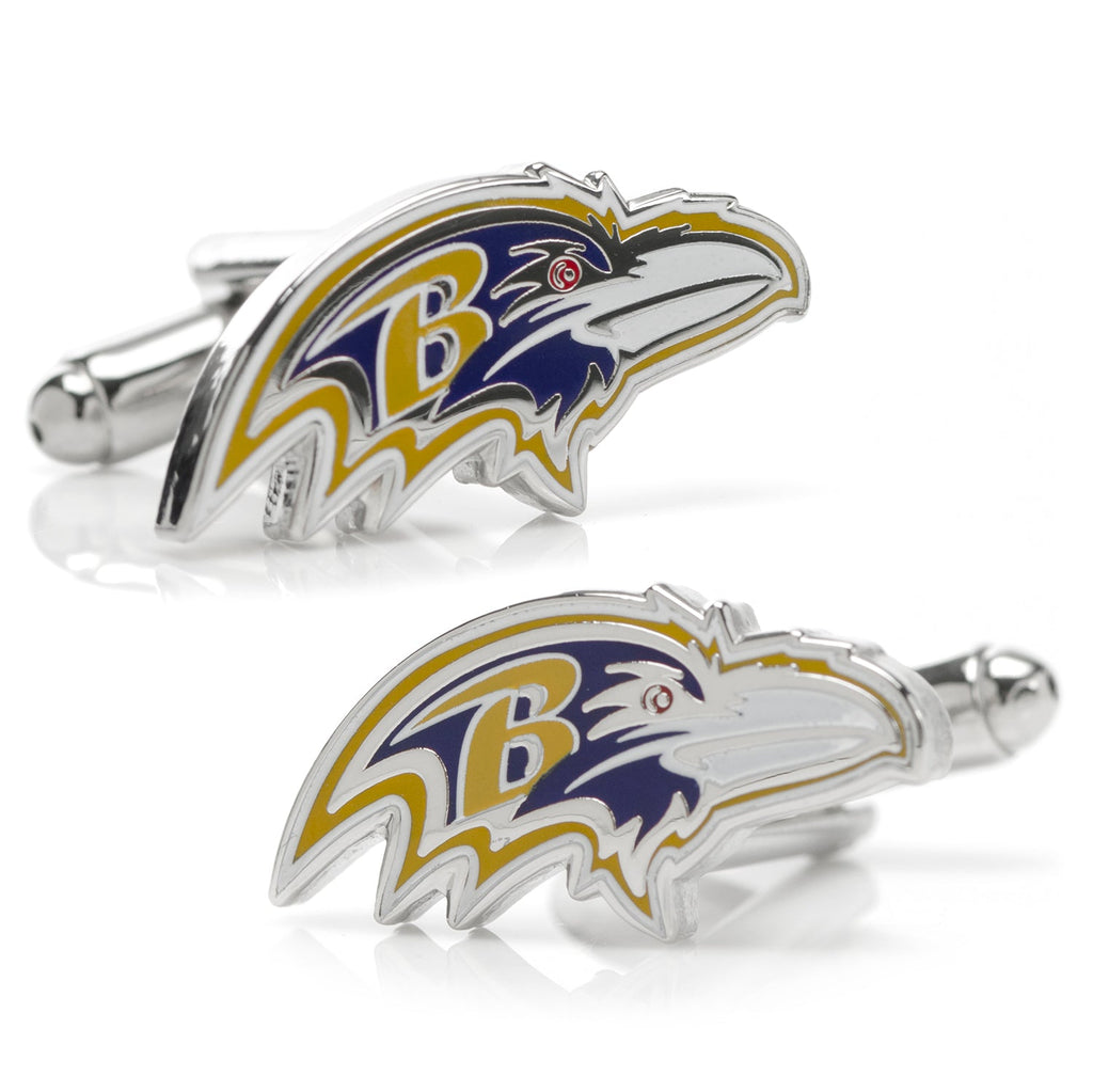Baltimore Ravens NFL logo cufflinks in silver tone with enamel team colors.