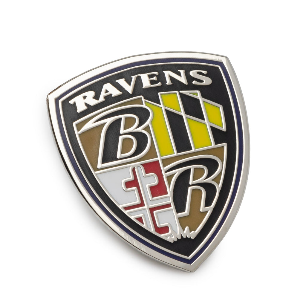 Baltimore Ravens shield shaped enamel lapel pin with gunmetal plating on a black suit lapel