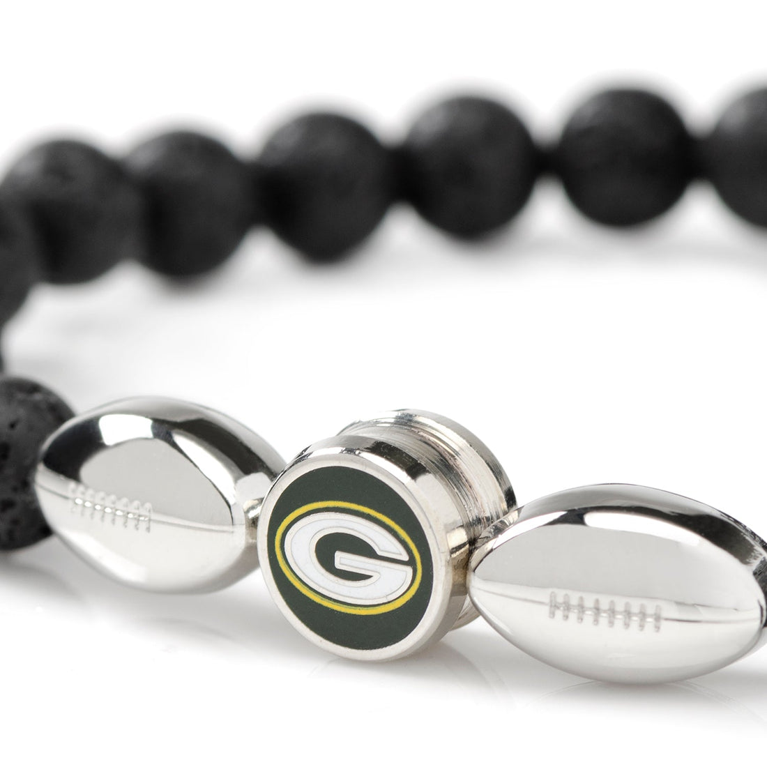 Green Bay Packers Lava Rock Beaded Bracelet with Football Accents - Image 2