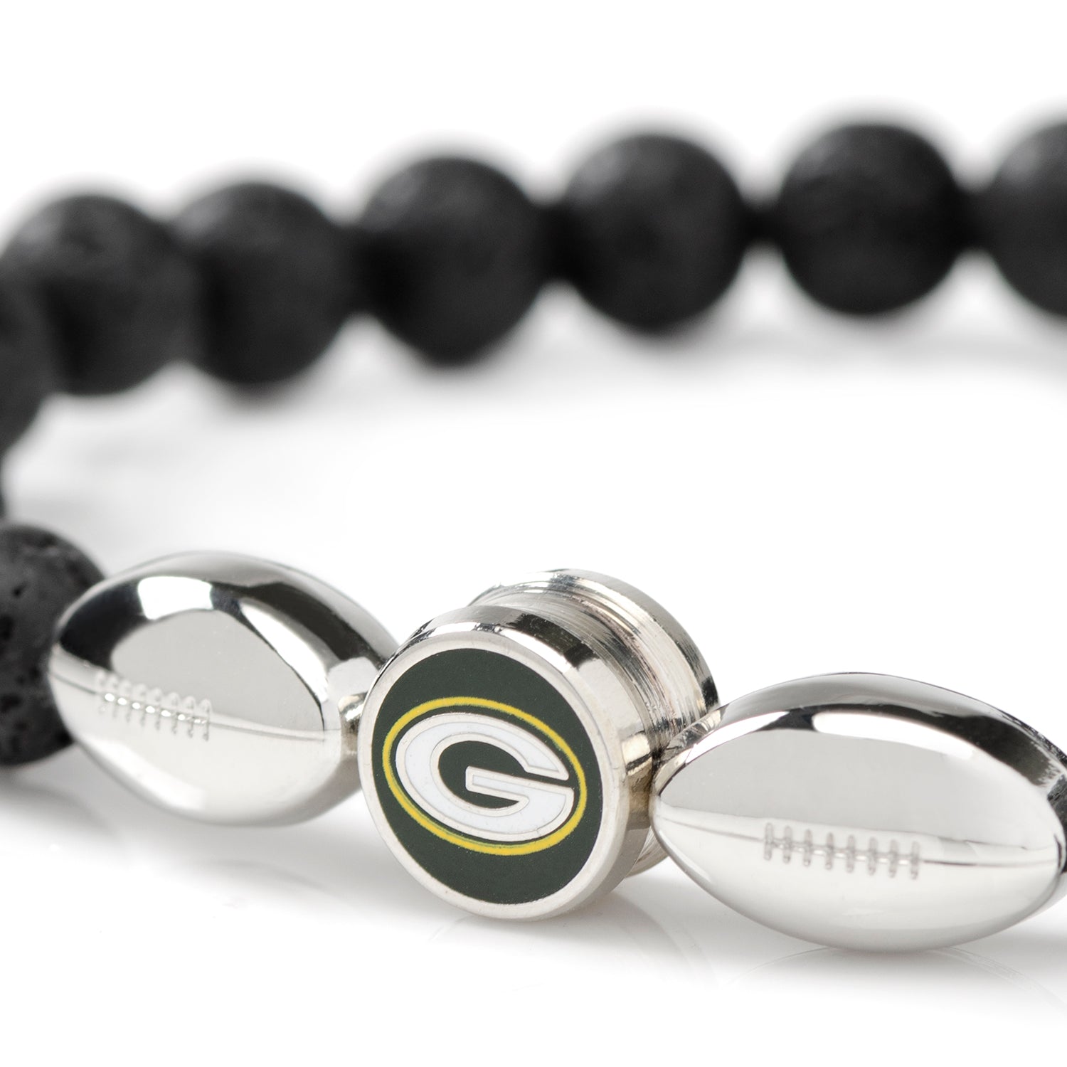 Green Bay Packers Lava Rock Beaded Bracelet with Football Accents - Image 2