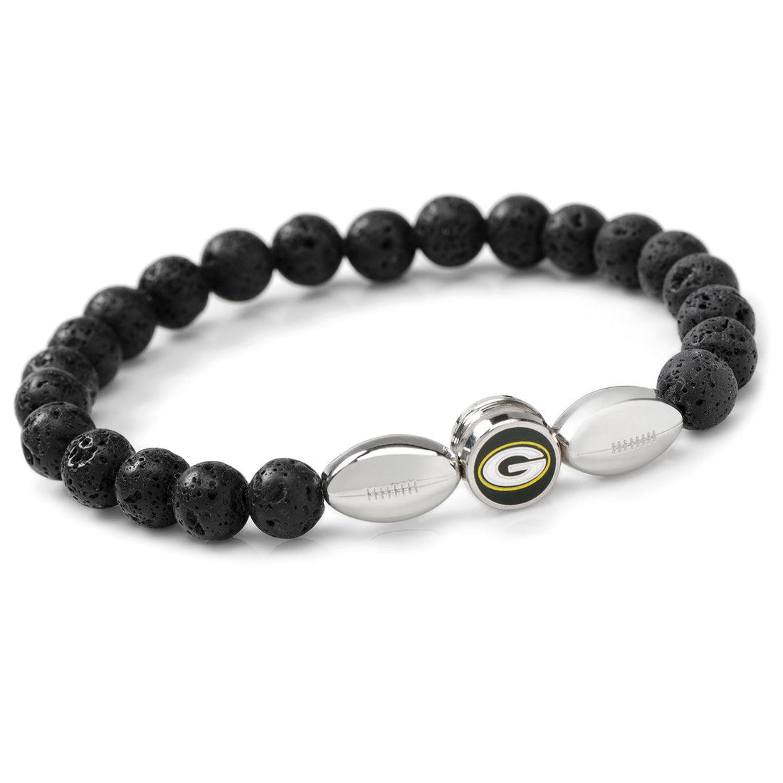 Green Bay Packers beaded bracelet made of black lava rock beads and silver-tone football accents with a team logo center bead.