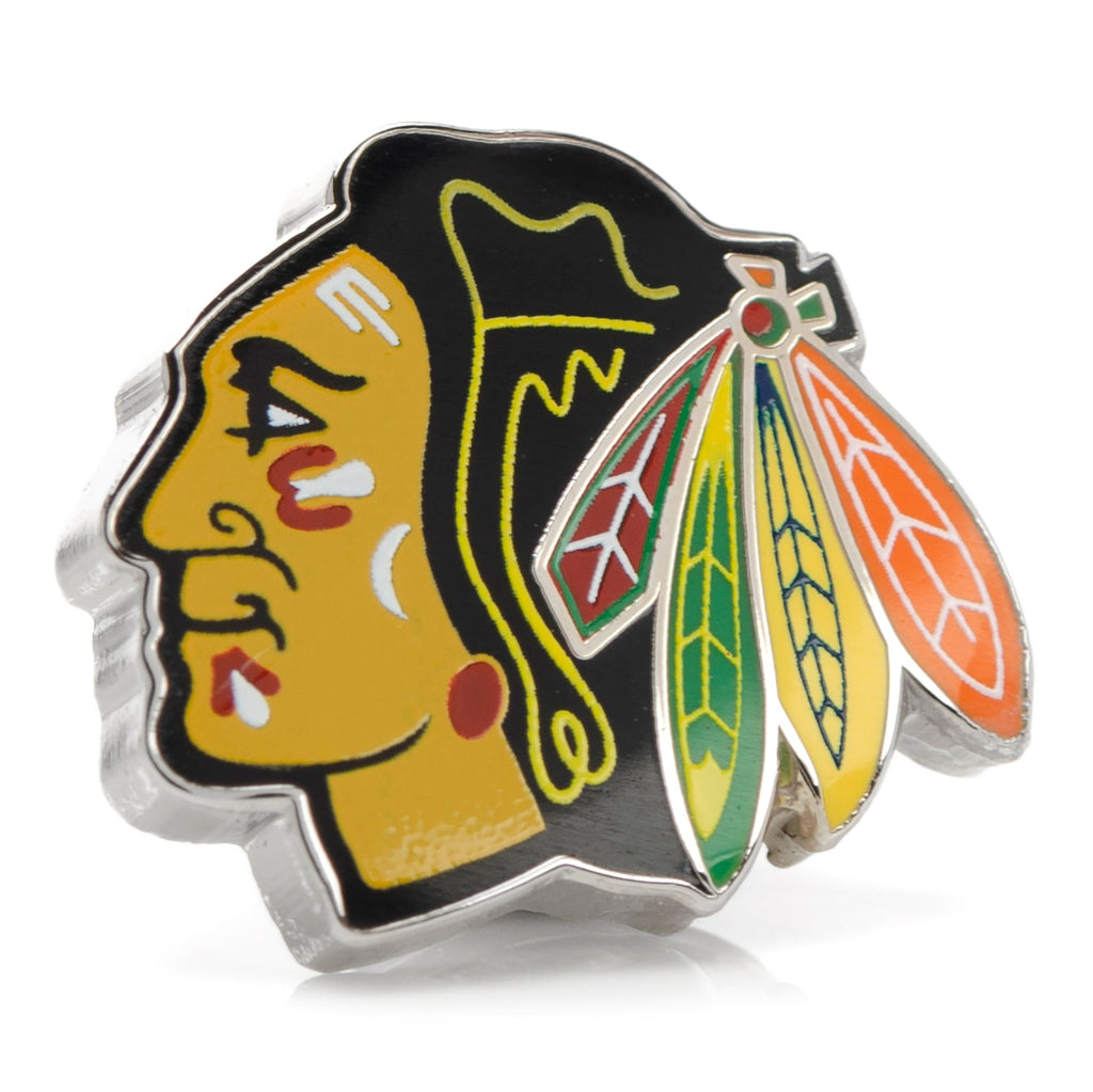 Chicago Blackhawks NHL team logo enamel lapel pin attached to a grey suit lapel