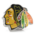 Chicago Blackhawks NHL team logo enamel lapel pin attached to a grey suit lapel