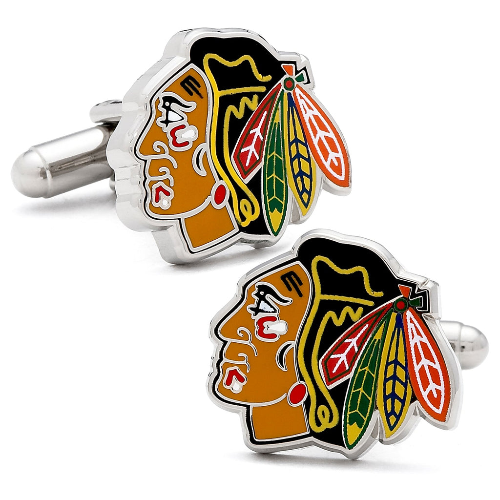 A pair of Chicago Blackhawks NHL logo cufflinks made of silver-tone metal with multi-colored enamel detail.