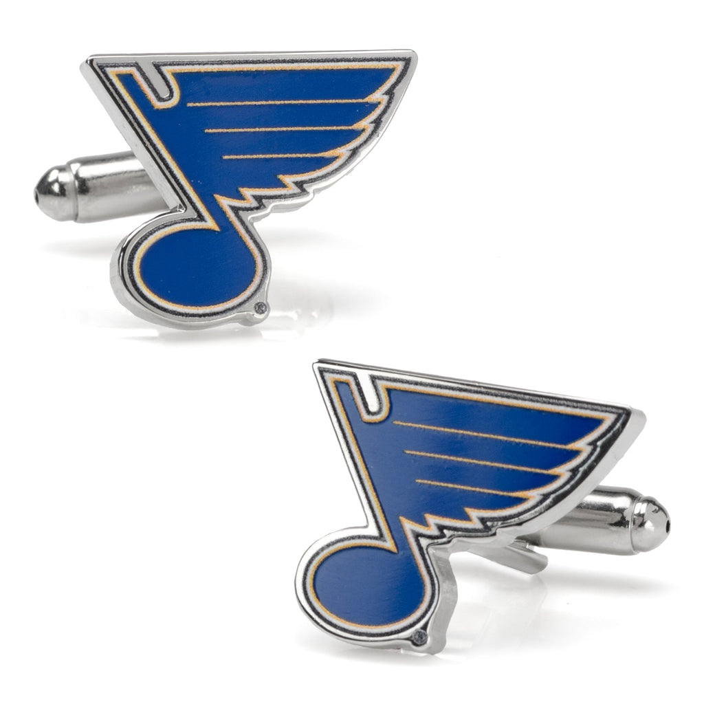 A pair of St. Louis Blues NHL logo cufflinks in blue and gold enamel on a silver-tone plated metal setting.