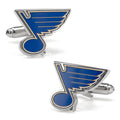 A pair of St. Louis Blues NHL logo cufflinks in blue and gold enamel on a silver-tone plated metal setting.