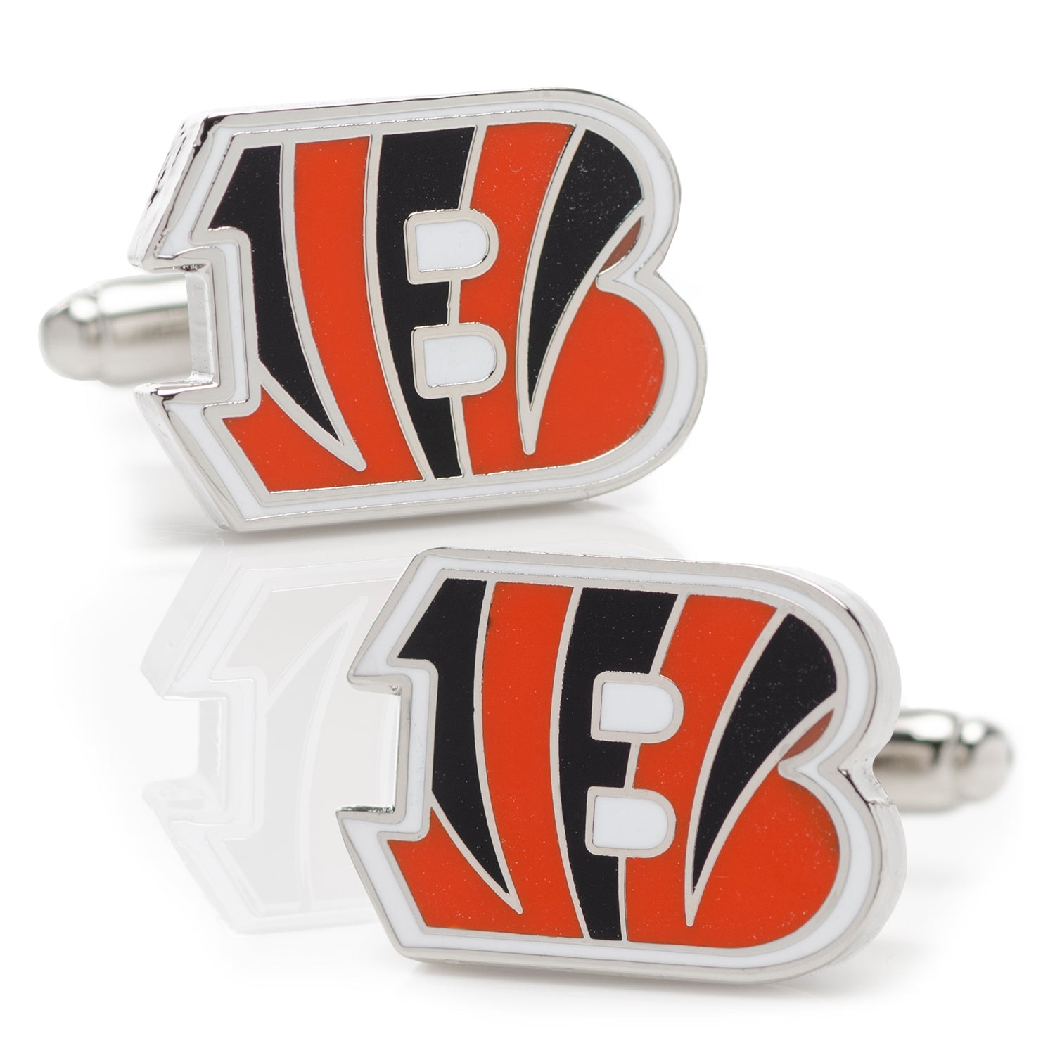 A pair of Cincinnati Bengals NFL logo cufflinks featuring orange, black, and white enamel on a silver tone metal base with a bullet back closure.