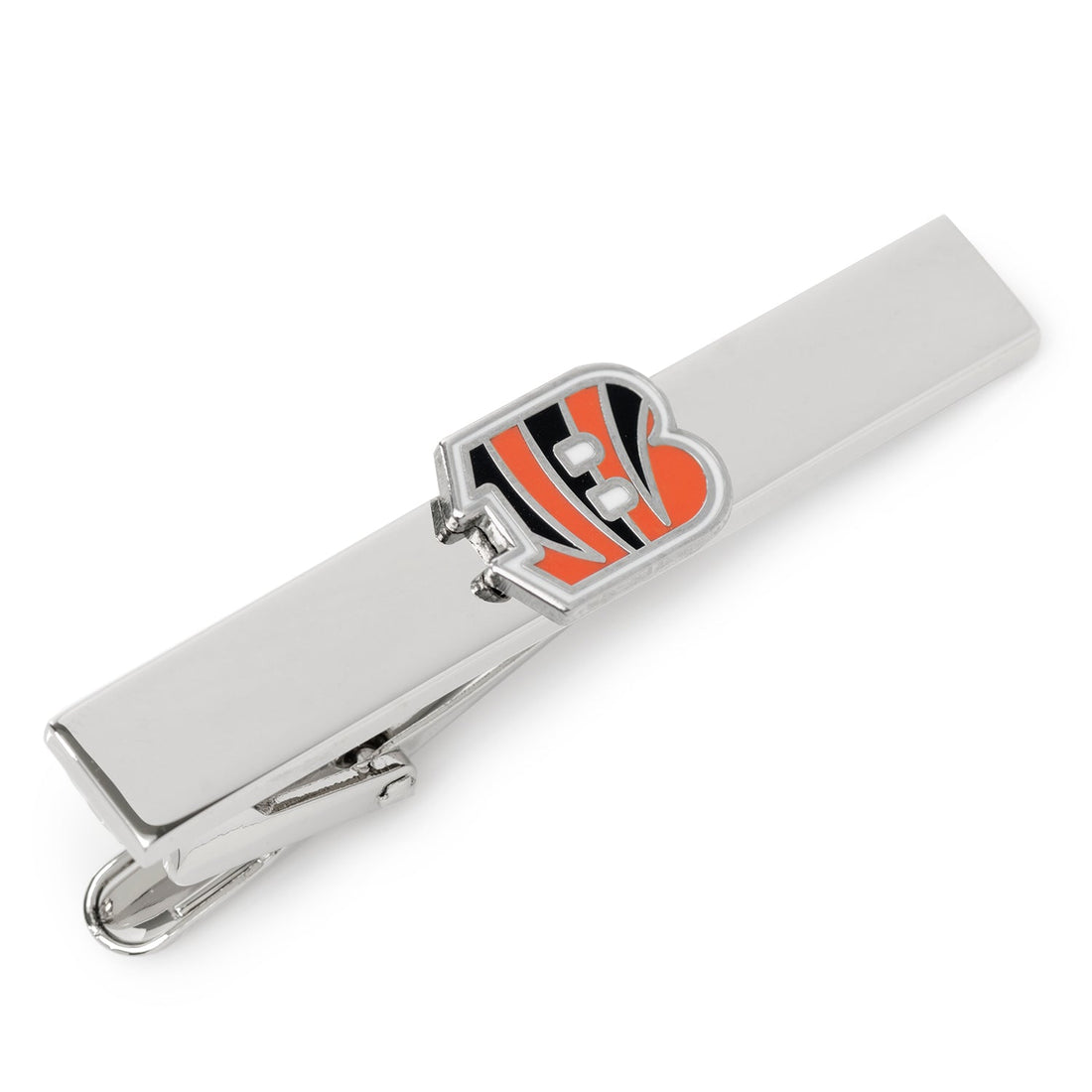 Silver tone Cincinnati Bengals NFL tie clip with orange and black enamel logo on a dark blue tie