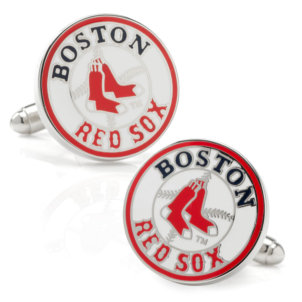 A pair of round Boston Red Sox baseball team logo cufflinks featuring red socks and white enamel on a plated metal base.