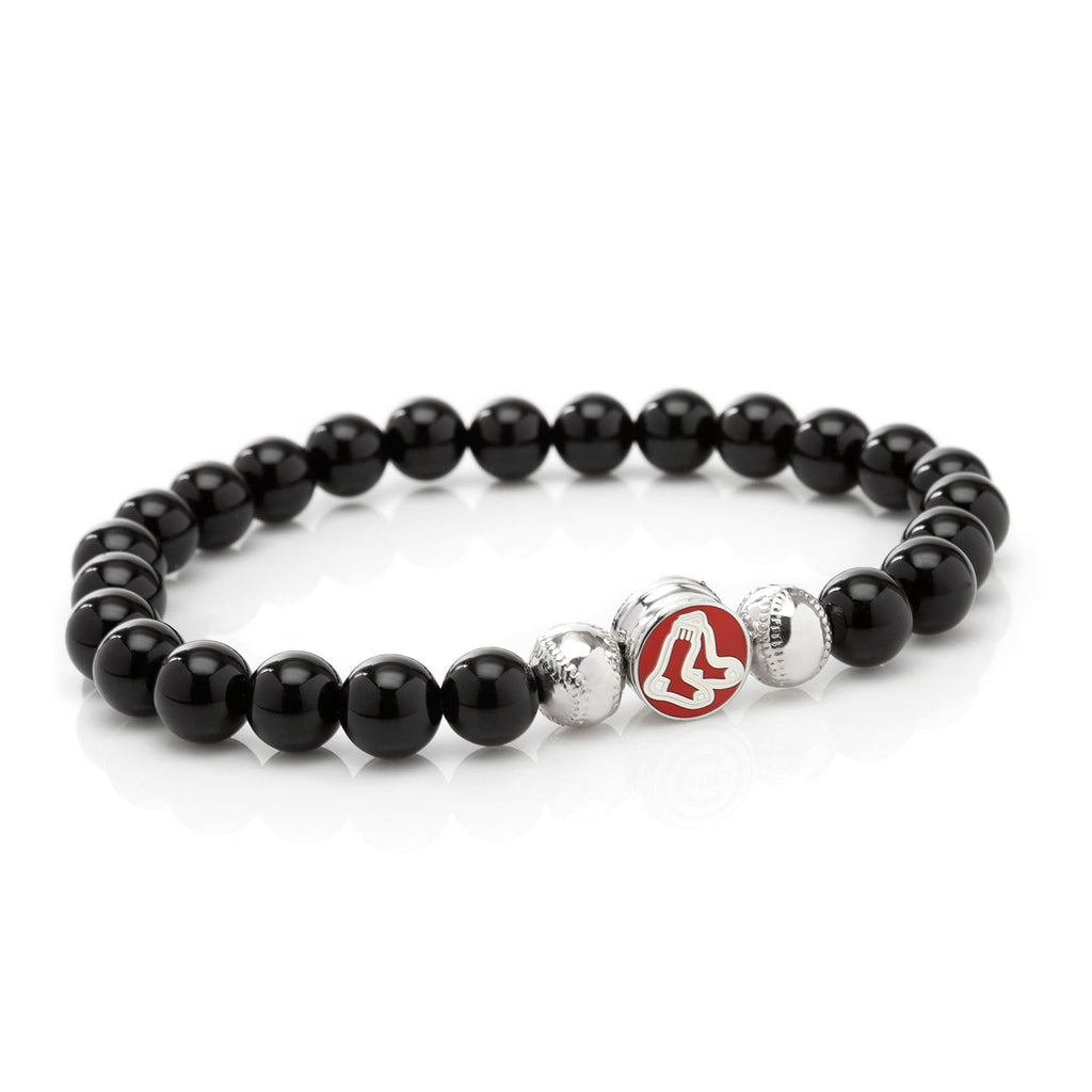 Boston Red Sox beaded bracelet with black lava rock beads and stainless steel logo accent.