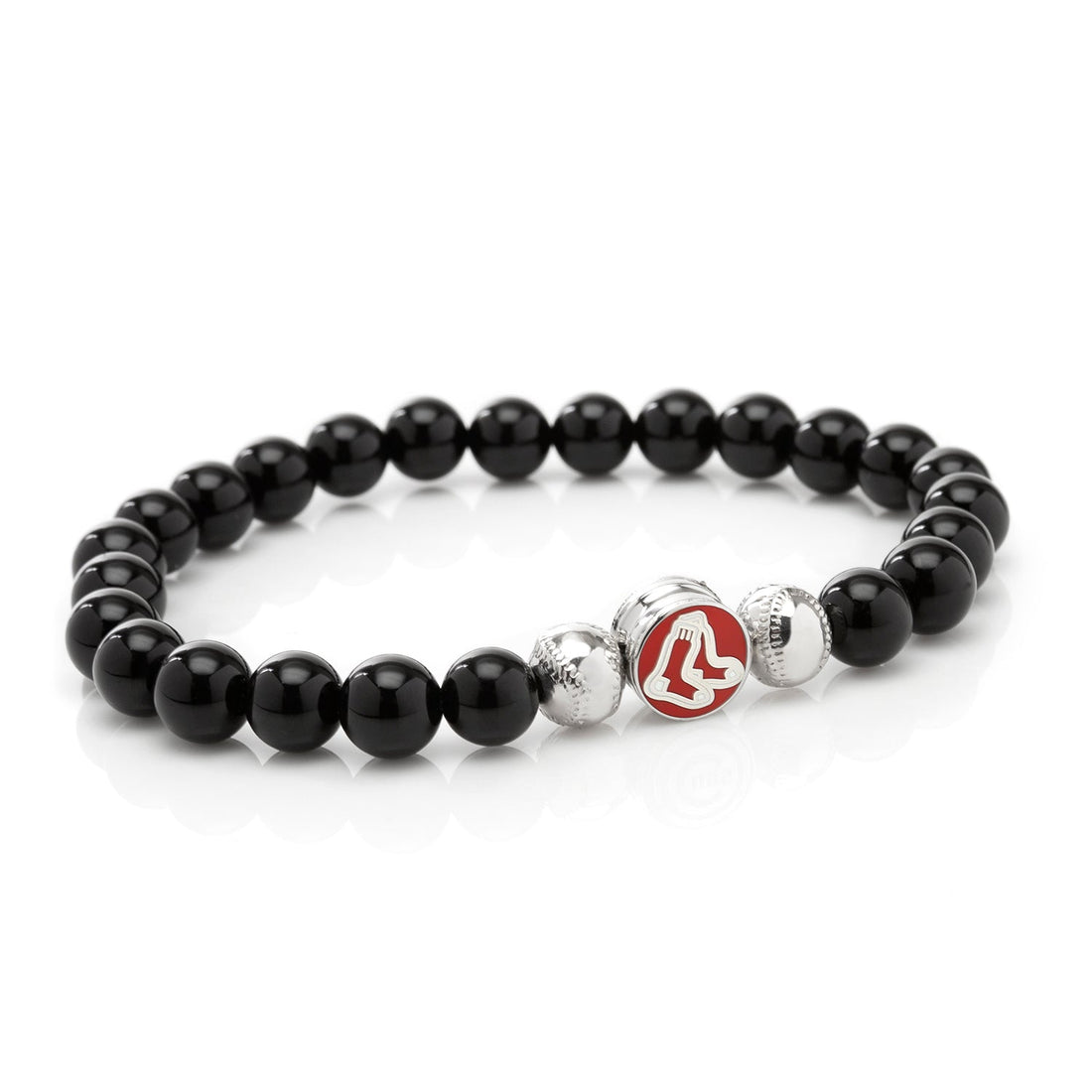 Boston Red Sox beaded bracelet with black lava rock beads and stainless steel logo accent.