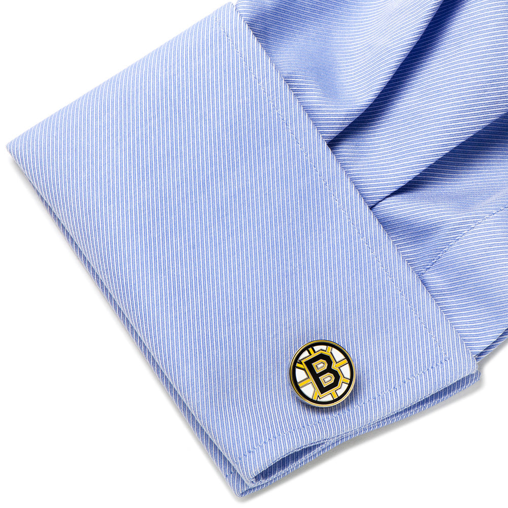 Boston Bruins NHL Logo Cufflinks in Silver Tone Enamel - Image 3